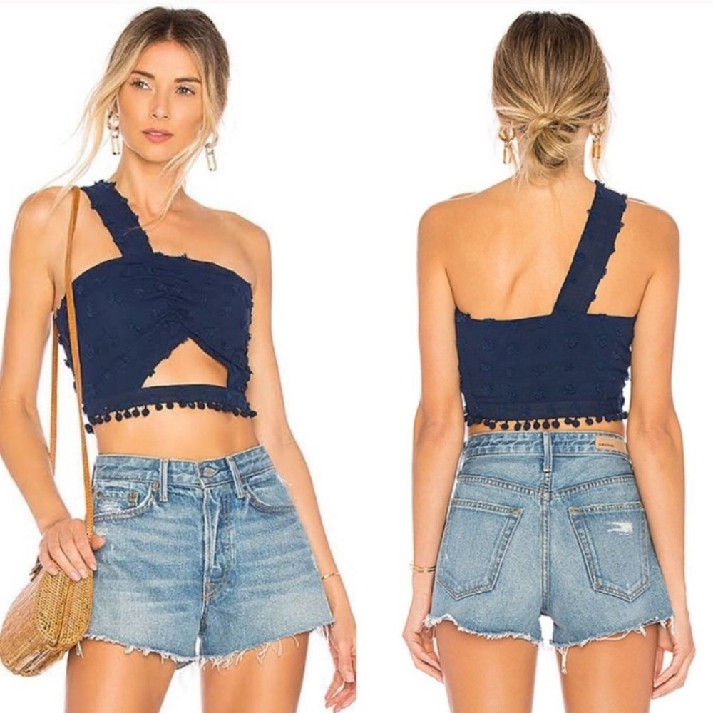 Tularosa Revolve Allie Crop Top Blue One Shoulder Size Small Swiss Dot Tassel S